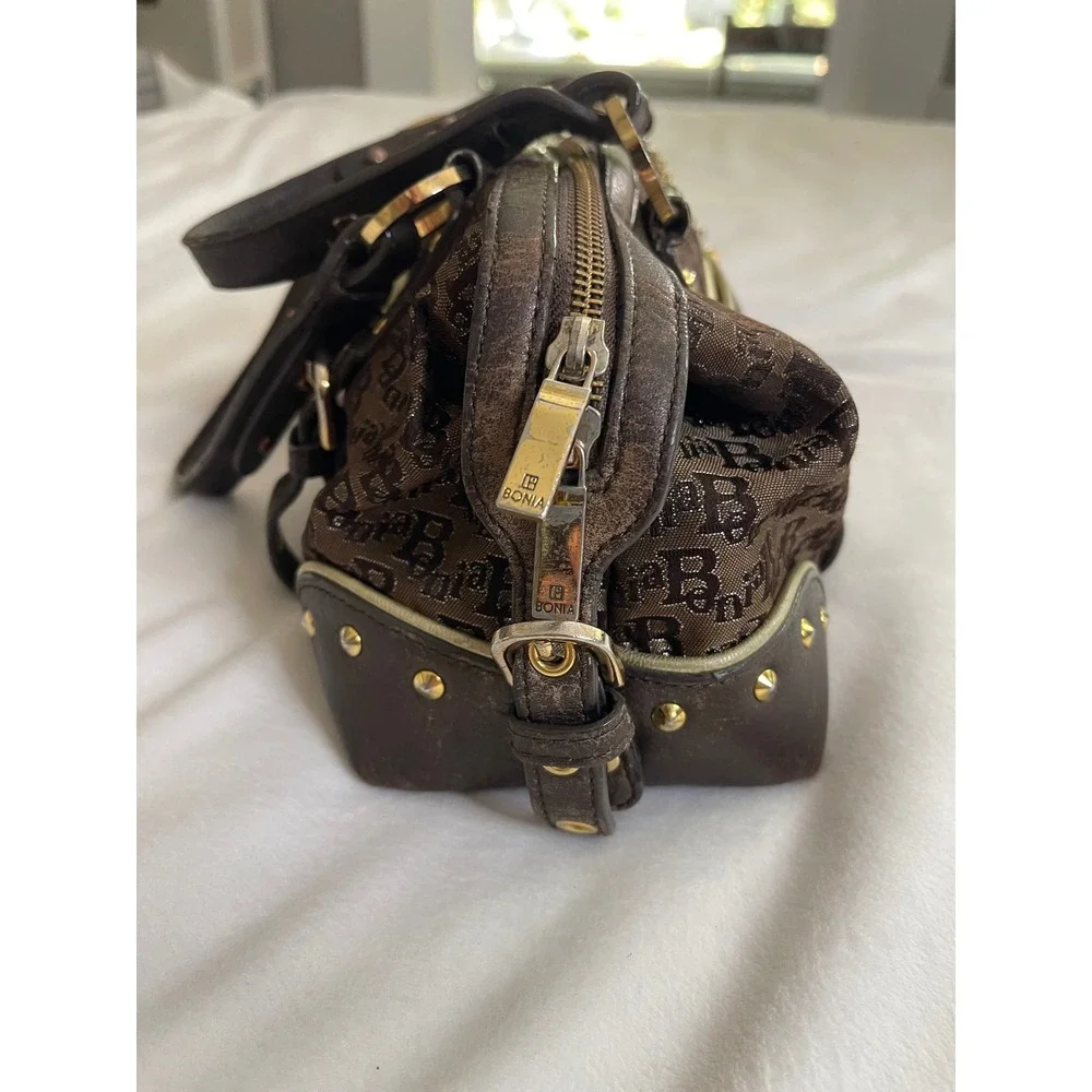 Bonia Monogram Canvas Satchel Bag Brown Leather Trim Gold Hardware Studded